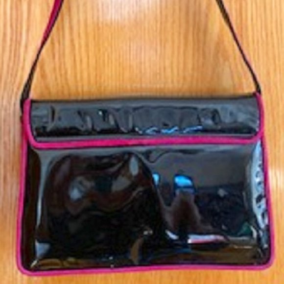 Accents by Sharif Black Leather/Pink Suede Flap Shoulder/Crossbody Handbag Bag - Picture 4 of 6